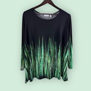 Susan Graver Liquid Knit Black Yellow Floral Popover Top Bell Sleeves Size 3x